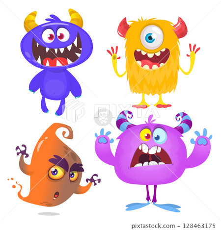 Funny cartoon monsters with different face expressions. Set of cartoon vector happy monsters characters. Halloween design for party decoration,  package design 128463175