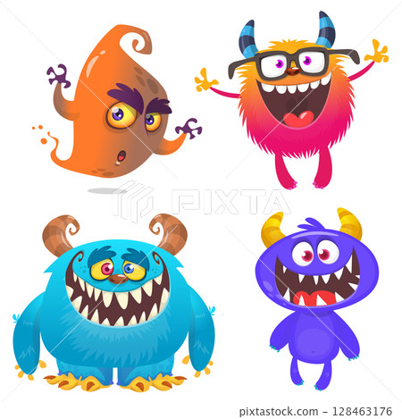 Funny cartoon monsters with different face expressions. Set of cartoon vector happy monsters characters. Halloween design for party decoration,  package design 128463176