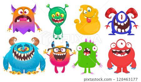 Funny cartoon monsters with different face expressions. Set of cartoon vector happy monsters characters. Halloween design for party decoration,  package design 128463177