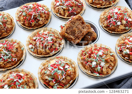 banana bread oat muffins with christmas sprinkles 128463271