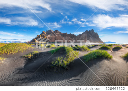 Amazing sunny day and gorgeous rippled black sand beach with dunes and green grass on Stokksnes cape in Iceland. 128463322
