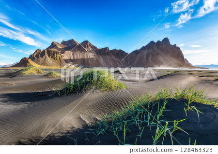Amazing sunny day and gorgeous black sand dunes on Stokksnes cape in Iceland. 128463323