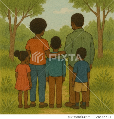 Rear view of a family of parents and children 128463324