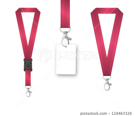 Badges Lanyard design. Identification card with ribbon. Metal closure and card with plastic. Accreditation for events congresses and companies. Vector 128463326