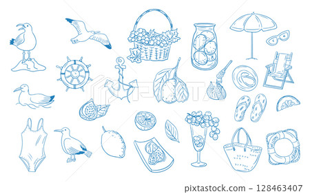 Summer coastal doodle set with beach, fruit, birds and nautical elements hand drawn in blue outline on white background. Concept of vacation, seaside lifestyle and tropical relaxation 128463407