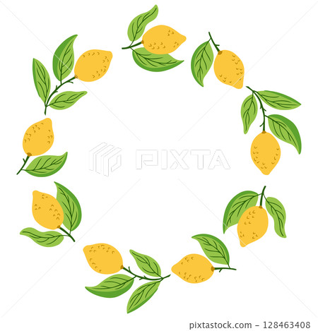 Lemon wreath hand drawn in colorful style with green leaves and yellow fruits on white background. Concept of summer freshness, citrus theme and natural decoration 128463408