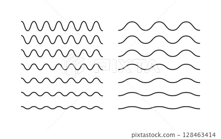 Set of wavy vector lines. Zigzag and wavy horizontal underline. Waves lines set. Wave thin line background collection. Wave ornament pattern.  128463414