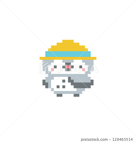 Pixel art of a gray owl with a straw hat 128463514
