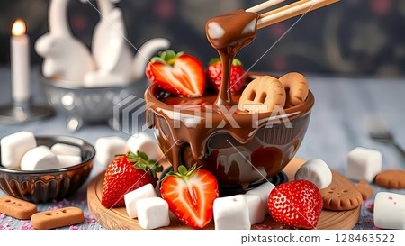 Chocolate fondue with strawberries and marshmallows 128463522