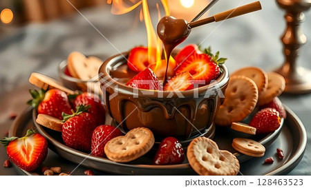 Chocolate fondue with strawberries and biscuits 128463523