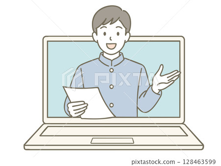 Illustration of a male high school student in a school uniform participating in online classes 128463599