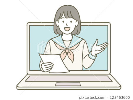 一名身穿水手服的女高中生參加線上課程的插圖 128463600