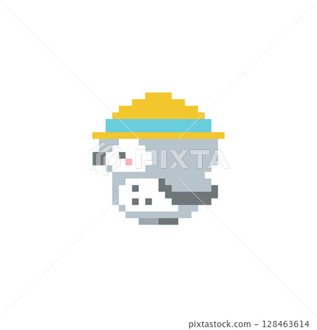 Pixel art of a profile of a grey owl with a straw hat 128463614