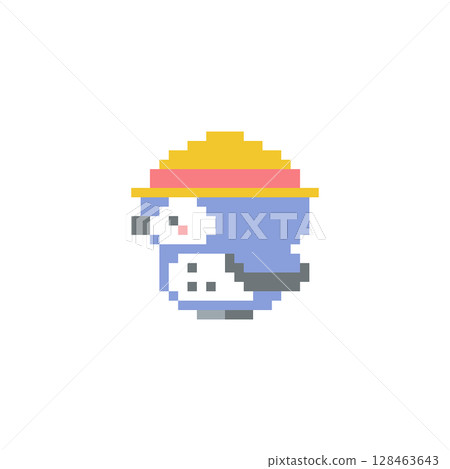 戴著草帽的藍色貓頭鷹側面像像素藝術 戴著草帽的藍色貓頭鷹側面像像素藝術 128463643