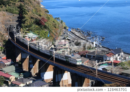 185 series express train running along the coast 128463701