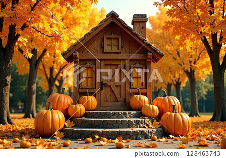 Wooden eco house with pumpkins and yellow maple leaves on autumn background. Real estate, dacha, summer house, mortgage, insurance, booking, construction, insulation. AI generated 128463743