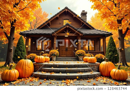 Wooden eco house with pumpkins and yellow maple leaves on autumn background. Real estate, dacha, summer house, mortgage, insurance, booking, construction, insulation. AI generated 128463744
