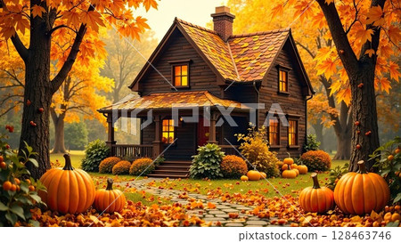 Wooden eco house with pumpkins and yellow maple leaves on autumn background. Real estate, dacha, summer house, mortgage, insurance, booking, construction, insulation. AI generated 128463746