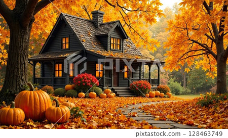 Wooden eco house with pumpkins and yellow maple leaves on autumn background. Real estate, dacha, summer house, mortgage, insurance, booking, construction, insulation. AI generated 128463749