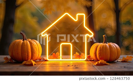 Golden neon glowing logo Tiny house with pumpkins and yellow maple leaves on autumn background. Real estate, dacha, summer house, mortgage, insurance, booking, construction, insulation. AI generated 128463750