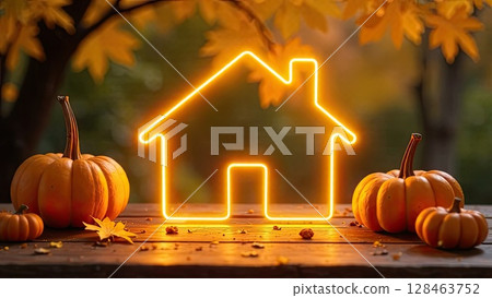 Golden neon glowing logo Tiny house with pumpkins and yellow maple leaves on autumn background. Real estate, dacha, summer house, mortgage, insurance, booking, construction, insulation. AI generated 128463752