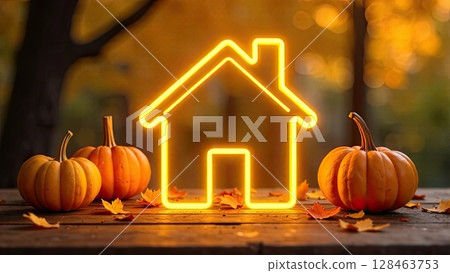 Golden neon glowing logo Tiny house with pumpkins and yellow maple leaves on autumn background. Real estate, dacha, summer house, mortgage, insurance, booking, construction, insulation. AI generated 128463753