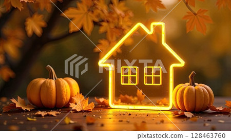 Golden neon glowing logo Tiny house with pumpkins and yellow maple leaves on autumn background. Real estate, dacha, summer house, mortgage, insurance, booking, construction, insulation. AI generated 128463760