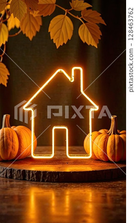 Golden neon glowing logo Tiny house with pumpkins and yellow maple leaves on autumn background. Real estate, dacha, summer house, mortgage, insurance, booking, construction, insulation. AI generated 128463762