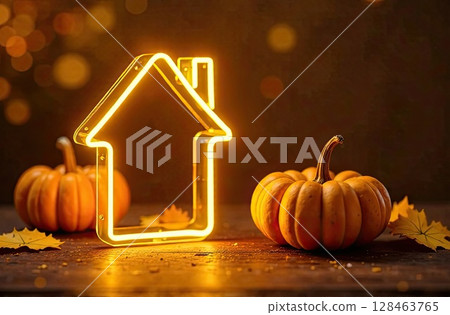 Golden neon glowing logo Tiny house with pumpkins and yellow maple leaves on autumn background. Real estate, dacha, summer house, mortgage, insurance, booking, construction, insulation. AI generated 128463765