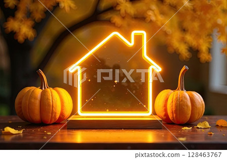 Golden neon glowing logo Tiny house with pumpkins and yellow maple leaves on autumn background. Real estate, dacha, summer house, mortgage, insurance, booking, construction, insulation. AI generated 128463767