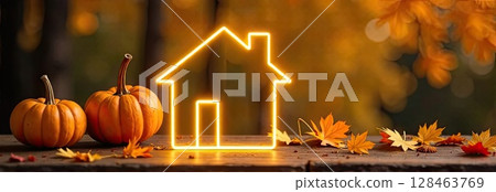 Golden neon glowing logo Tiny house with pumpkins and yellow maple leaves on autumn background. Real estate, dacha, summer house, mortgage, insurance, booking, construction, insulation. AI generated 128463769