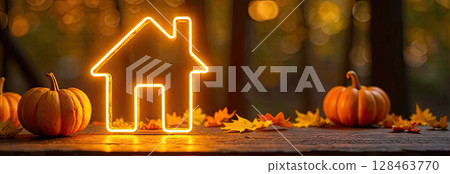 Golden neon glowing logo Tiny house with pumpkins and yellow maple leaves on autumn background. Real estate, dacha, summer house, mortgage, insurance, booking, construction, insulation. AI generated 128463770