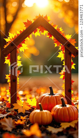 Tiny eco house frame in sun rays is adorned with yellow maple leaves on autumn background. Real estate, dacha, summer house, mortgage, insurance, booking, construction, insulation. AI generated 128463771
