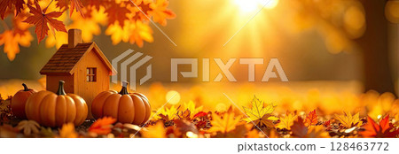 Tiny eco house in sun rays is adorned with yellow maple leaves on autumn background. Real estate, dacha, summer house, mortgage, insurance, booking, construction, insulation. AI generated 128463772
