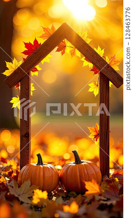 Tiny eco house frame in sun rays is adorned with yellow maple leaves on autumn background. Real estate, dacha, summer house, mortgage, insurance, booking, construction, insulation. AI generated 128463776