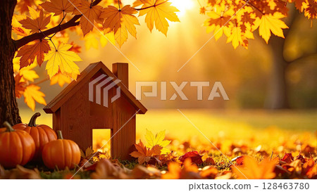 Tiny eco house in sun rays is adorned with yellow maple leaves on autumn background. Real estate, dacha, summer house, mortgage, insurance, booking, construction, insulation. AI generated 128463780