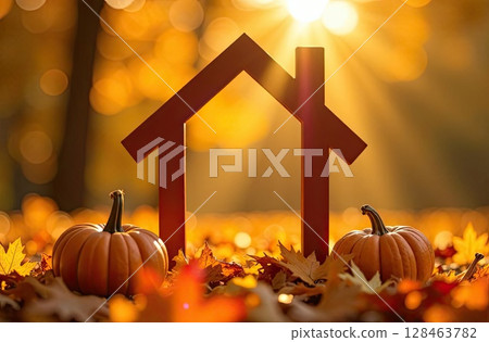 Tiny eco house frame in sun rays is adorned with yellow maple leaves on autumn background. Real estate, dacha, summer house, mortgage, insurance, booking, construction, insulation. AI generated 128463782