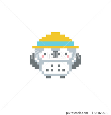 Pixel art of a grey owl cheering with a straw hat 128463800