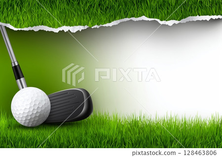 Golf club poised to strike a golf ball against a vibrant green grass backdrop, featuring a torn paper effect that enhances the dynamic and sporty atmosphere of the scene 128463806