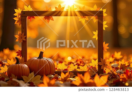 Frame is adorned with yellow maple leaves on Autumn background with pumpkins in the rays of the sun. Harvest banner and Halloween, flyer with copy space. AI generated 128463813