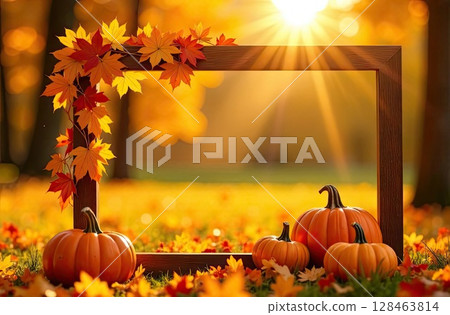 Frame is adorned with yellow maple leaves on Autumn background with pumpkins in the rays of the sun. Harvest banner and Halloween, flyer with copy space. AI generated 128463814