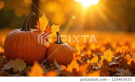 Autumn background with golden leaves and pumpkins in the rays of the sun. Harvest banner and Halloween, flyer with copy space. AI generated 128463833