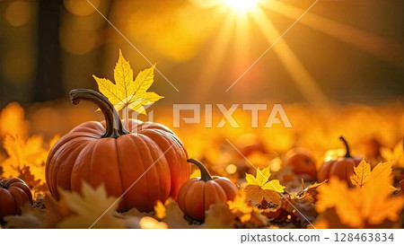 Autumn background with golden leaves and pumpkins in the rays of the sun. Harvest banner and Halloween, flyer with copy space. AI generated 128463834