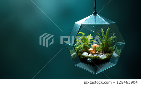 Hanging Geometric Terrarium with Miniature Ecosystem. 128463904