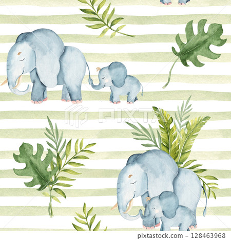 Watercolor seamless pattern with cute elephant baby and adult and Tropical leaves on green striped background. Safari Animals hand drawn illustrations for kid textile prints, wallpaper and packaging 128463968
