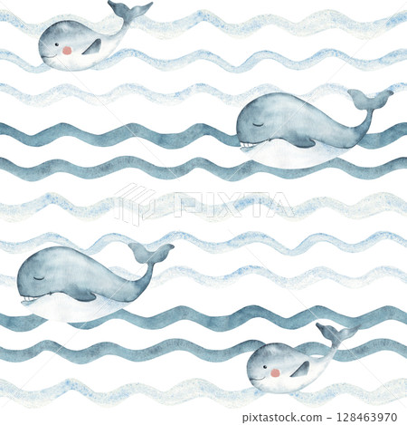 Watercolor Marine kids seamless pattern with blue Whales family, adult and child swimming in Ocean waves. Hand drawn illustration for kids wallpaper, textile and packaging prints. 128463970