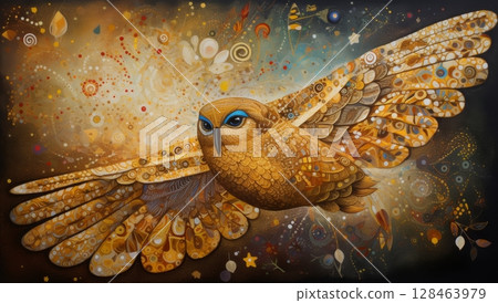 A Majestic Golden Bird in Flight Gliding Gracefully Against a Captivating Cosmic Background 128463979