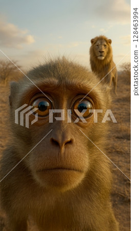 A Majestic and Surprised Monkey Encountering a Lion in the Wilds of Africas Landscape A Majestic and Surprised Monkey Encountering a Lion in the Wilds of Africas Landscape 128463994