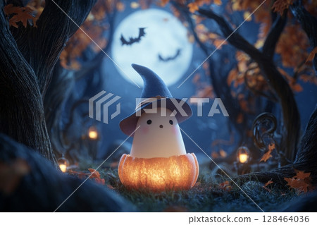 Cute ghost wearing witch hat in pumpkin with spooky whimsical Halloween atmosphere 128464036