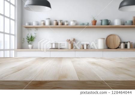 A table top empty wood table light white kitchen interior. 128464044